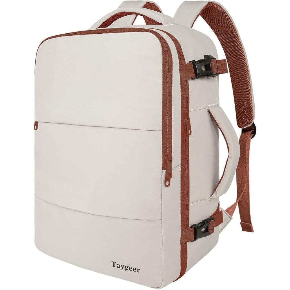 Travel Khaki White Backpack for Women Carry On Laptop Bag USB Port TSA Pouch